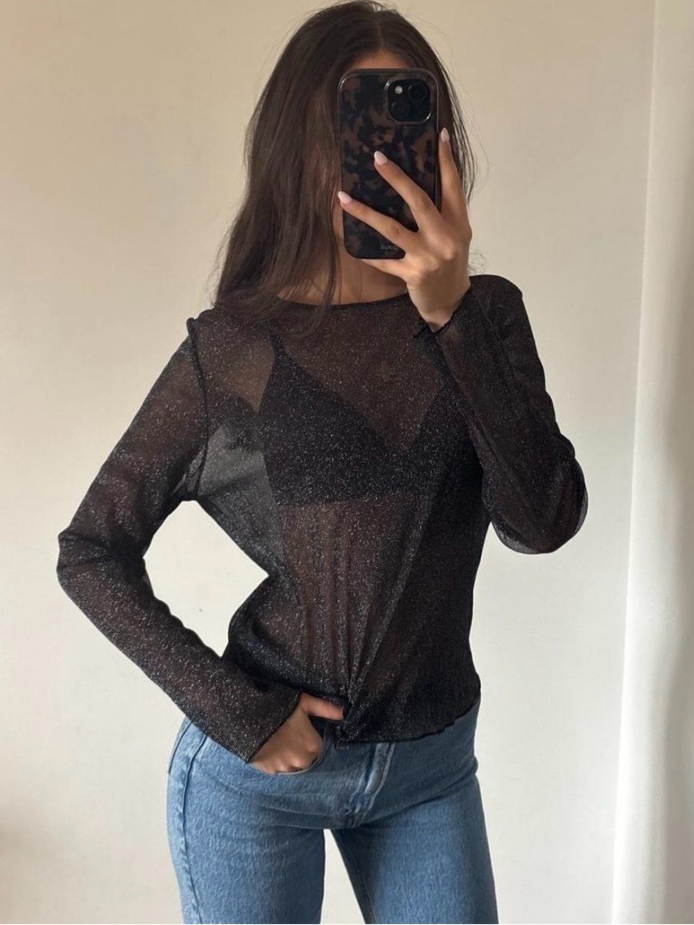 Victoria’s Secret Sheer Metallic Long Sleeve Top - Black, XS/S